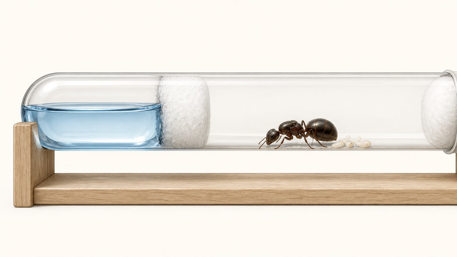A founding ant queen with brood in a clear water-reservoir test tube held securely on a wooden rack