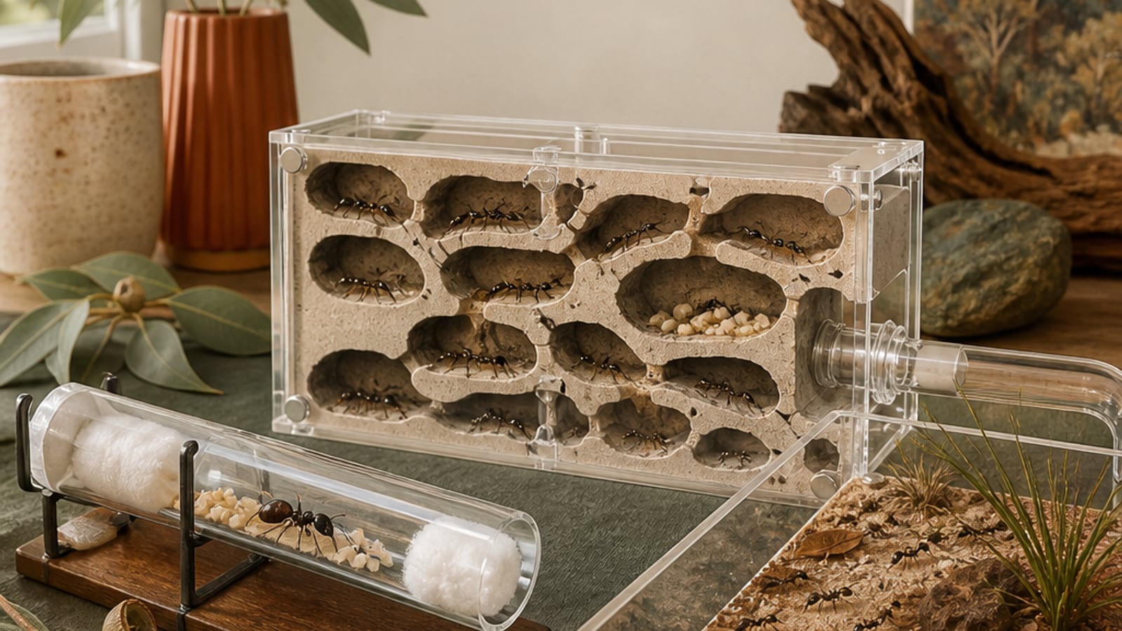 A mature ant colony in a clear nest and outworld arranged on a stable indoor work surface