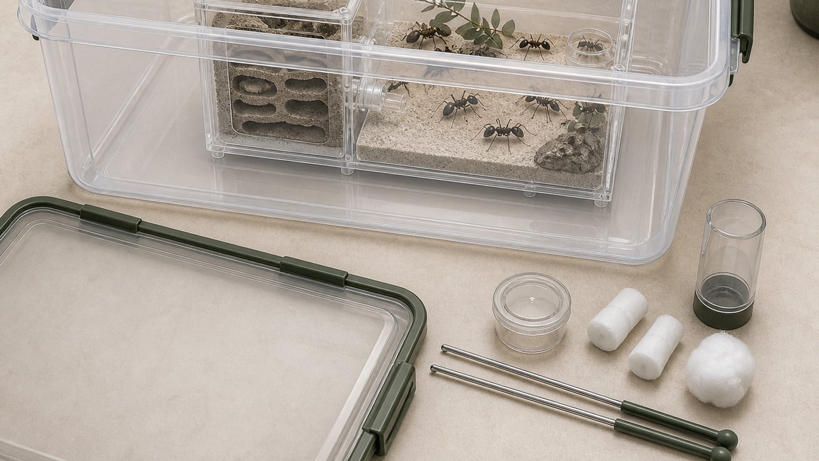 A clear ant enclosure inside a larger smooth-sided secondary containment tub with servicing tools ready nearby