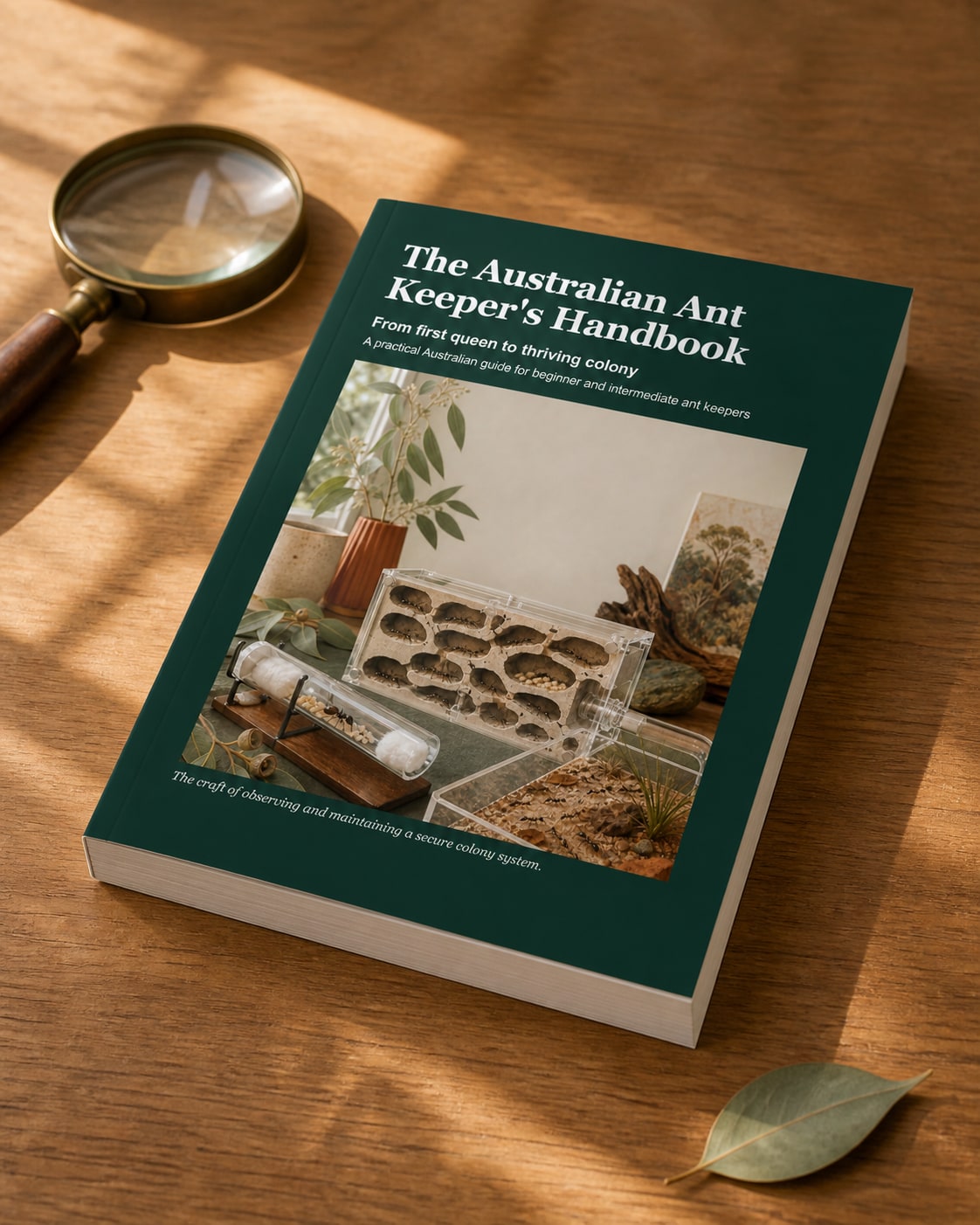 The handbook shown at an angle on a timber desk