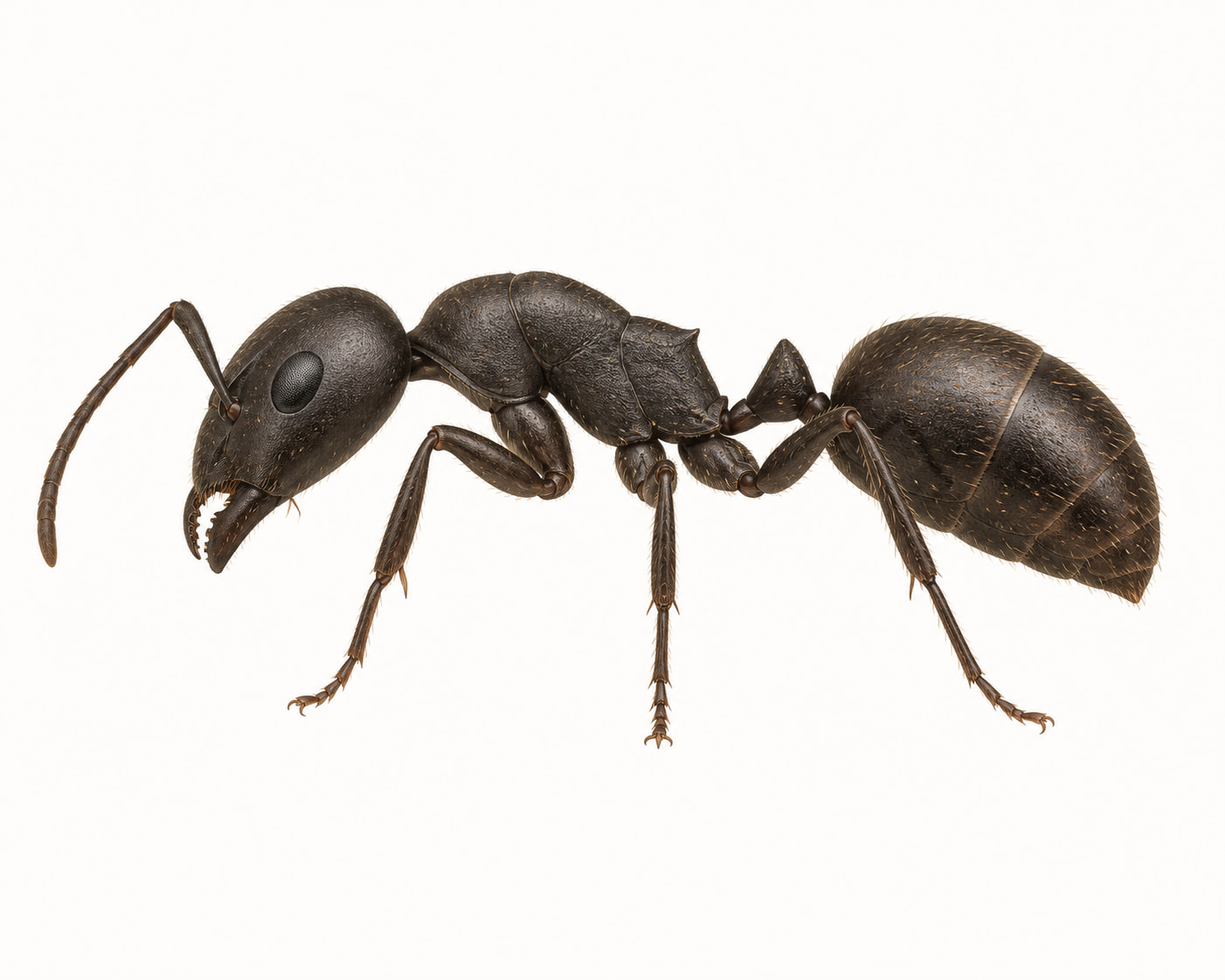 Labelled worker ant anatomy showing the head, antennae, mandibles, mesosoma, legs, waist and gaster