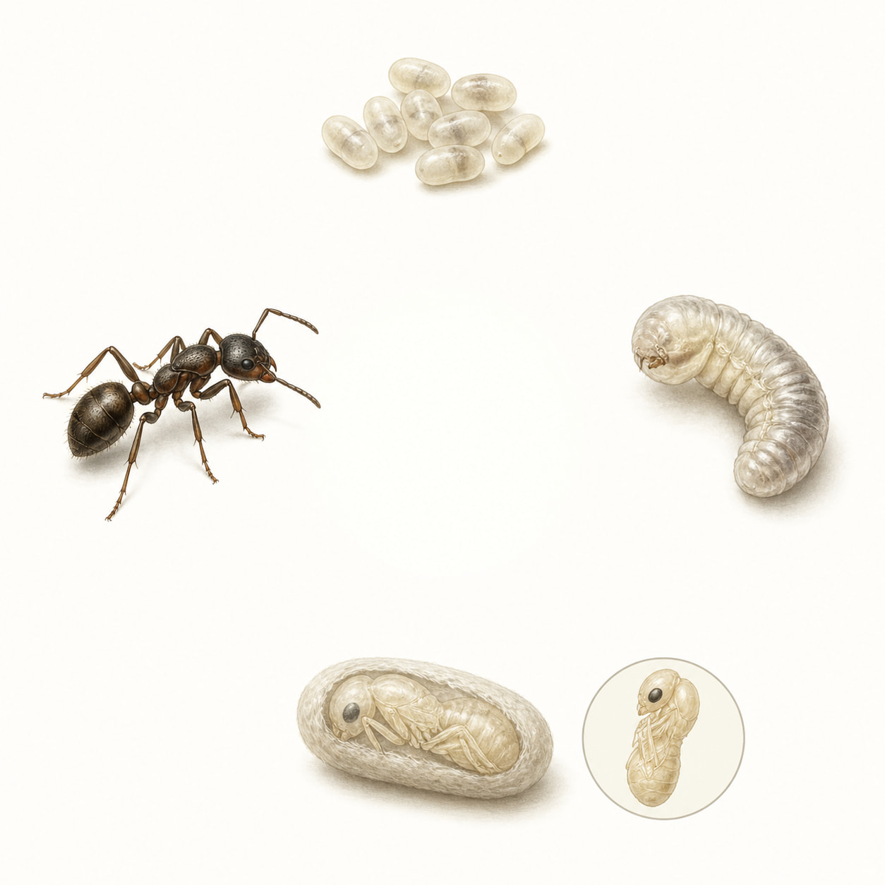 Ant life cycle showing eggs, larva, cocooned and naked pupae, and an adult worker