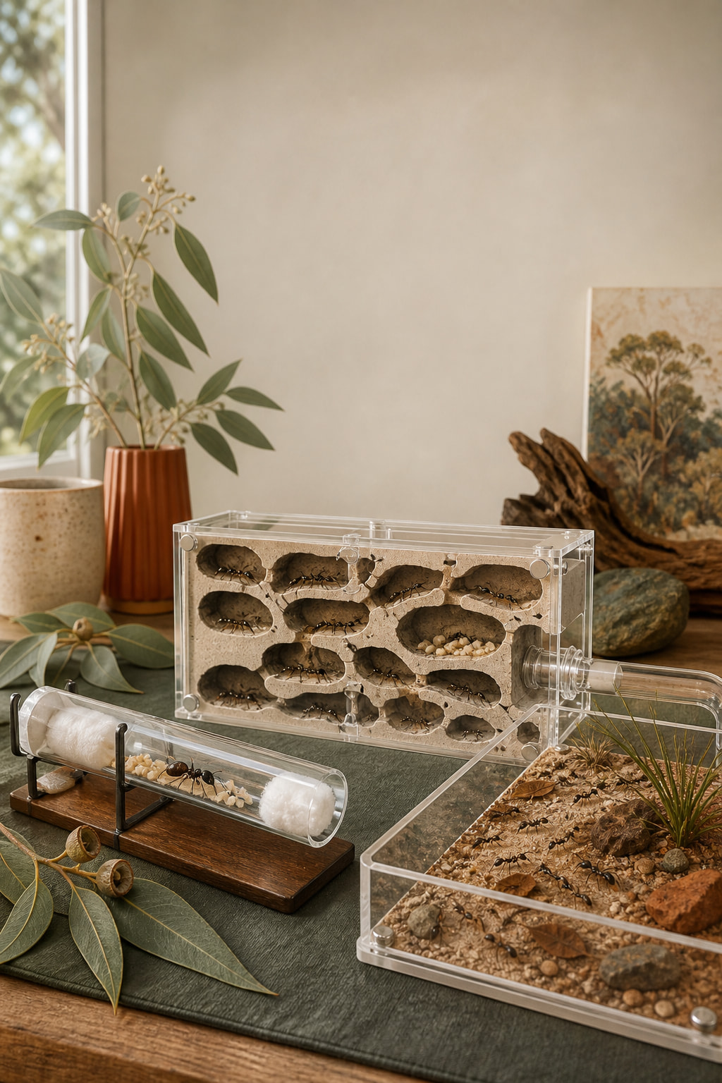 Illustrated Australian ant keeper observing a secure ant enclosure beside native vegetation