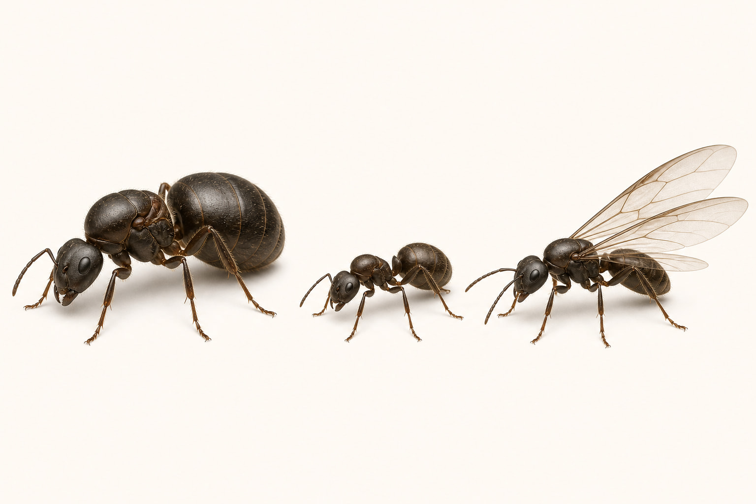 Side-by-side comparison of a dealate queen, worker and winged male ant